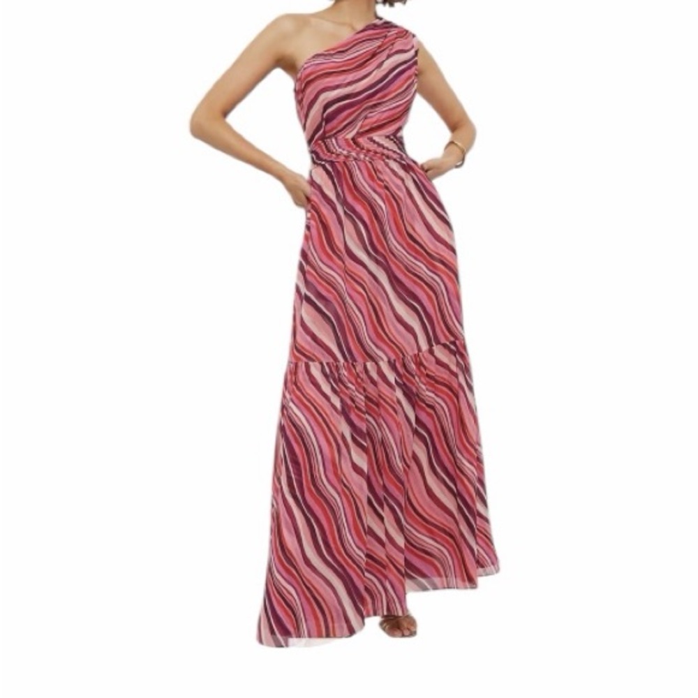 Tuckernuck One-Shoulder Maxi Dress in Pink and Magenta Wave Print